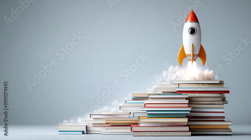 Illustration of a rocket ship taking off from a base made of books and laptop icons, Corporate Growth concept, career acceleration through learning, vibrant and inspiring, with cop