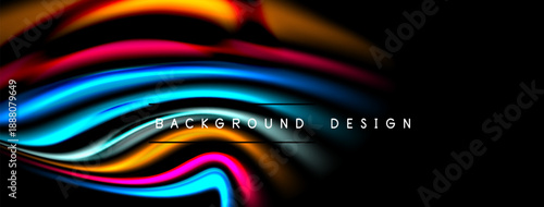 Abstract colorful ribbons flow across black background. Dynamic shapes create modern visual effect. Smooth curves suggest movement, energy.