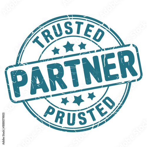 A circular blue trusted partner badge with stars and distressed texture