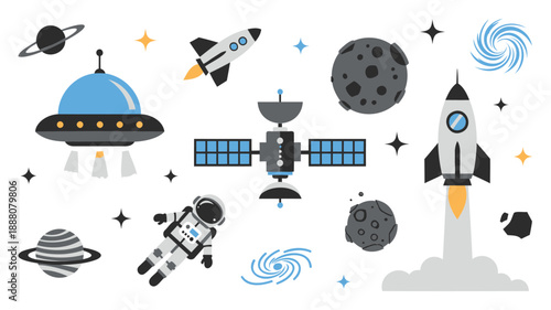 Space exploration icons set with planets rockets satellites and astronauts flat design
