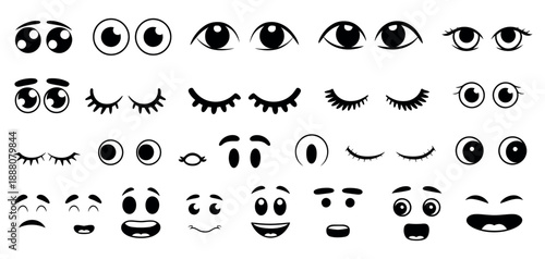 Cute Cartoon Expression Clipart Set featuring diverse comic eyes, mouths, and eyebrows for character design and emojis