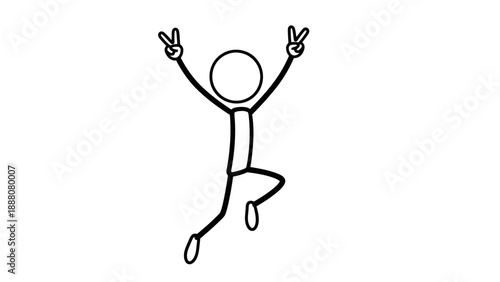 Simple stick figure jumping with peace signs.