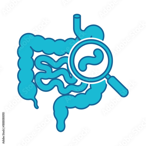 Illustration of human intestines with a magnifying glass examining detail