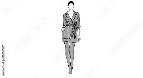 fashion illustration pinstriped suit on a female model walking forward ideal for showcasing contemporary corporate style guides and editorial content design inspiration