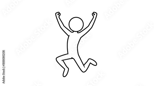 Simple line drawing of a person jumping with arms raised in excitement.