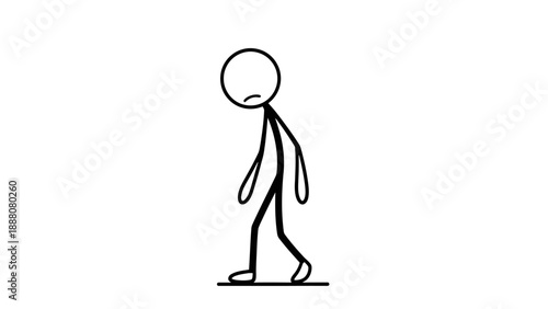Simple stick figure illustration of a person walking with a frowning face.