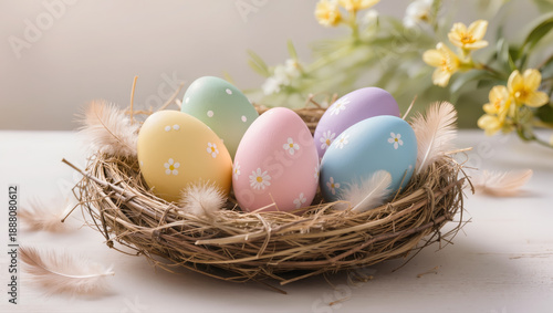 Pastel Easter eggs with floral patterns in a nest with feathers, surrounded by spring flowers. Soft holiday and nature concept.