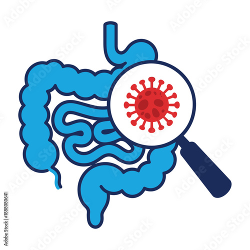 Illustration depicting the gut microbiome and a magnified view of a virus