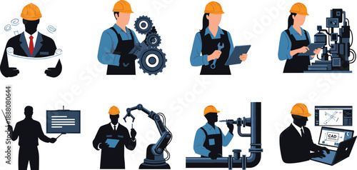 Silhouette Illustrations of Engineers and Technicians Performing Industrial and Technical Tasks Including CAD Design, Robotics, Machinery Operation, and Blueprint Analysis in Engineering Fields