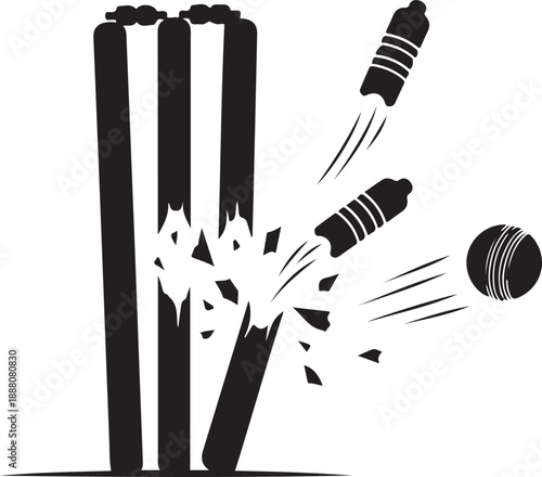 Cricket ball hitting wicket stump broken shattering bails black and white illustration
