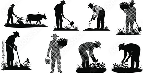 Silhouette Illustrations of Farmers Performing Traditional Agricultural Tasks Including Plowing, Sowing, Tilling, Harvesting, and Plant Care in Rural Farming Environments