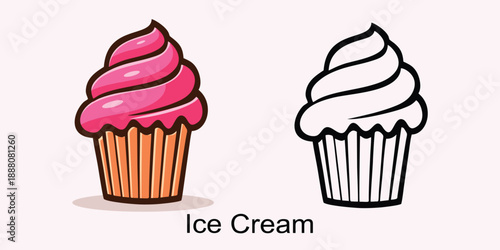 Cute ice cream cupcake cartoon illustration with color and outline versions. Great for dessert menus, kids design, stickers, packaging, and sweet food projects.