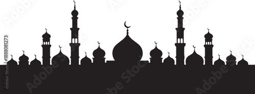 Black silhouette of mosque skyline with domes and minarets