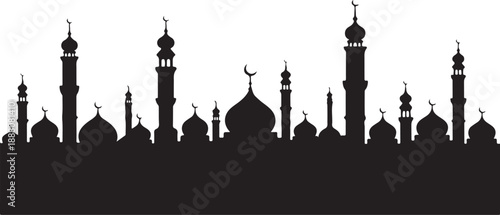 Black silhouette of mosque skyline with domes and minarets