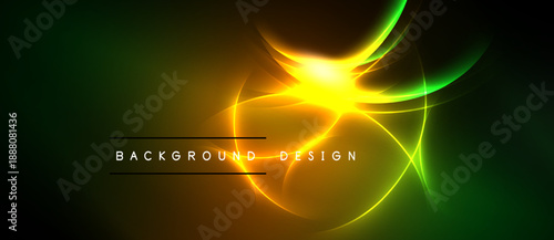 Bright abstract design features glowing yellow center, radiating green lines. Dark background enhances luminosity, creating dynamic visual effect.