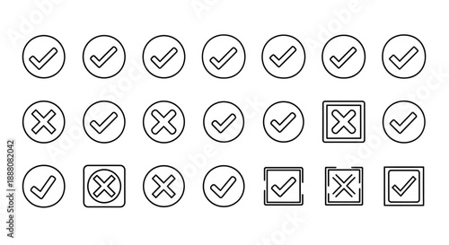 Check Mark and Cross Icons: A set of simple circular and square icons representing true/false, yes/no, correct/incorrect, and decision-making.