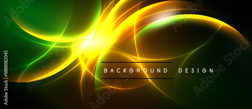 Abstract vibrant design features flowing lines, bright colors. Green, yellow, orange hues create dynamic visual effect. Modern, energetic composition.