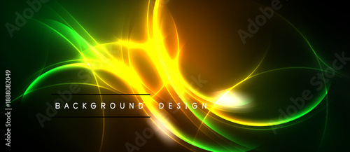 Bright abstract design features flowing curves, vibrant green, yellow hues. Dark background emphasizes luminous energy, dynamic composition.