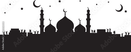 Black silhouette of mosque with minarets and people celebrating under starry night sky