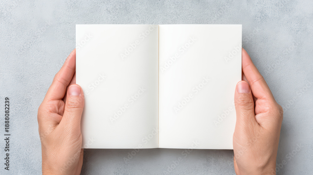 Obraz premium Blank open notebook held by hands on textured surface, minimal style close up of hands holding small notebook, clean white pages ready for writing or drawing