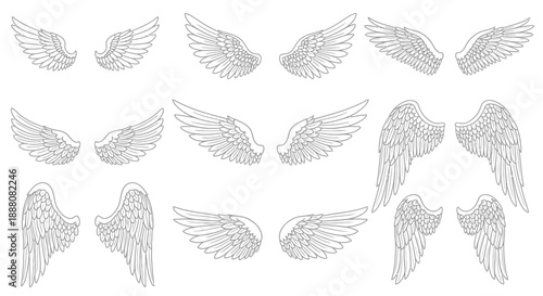Angel Wings Line Art Collection: A variety of elegant and detailed outline illustrations of feathered wings, suitable for spiritual, fantasy, or decorative themes.