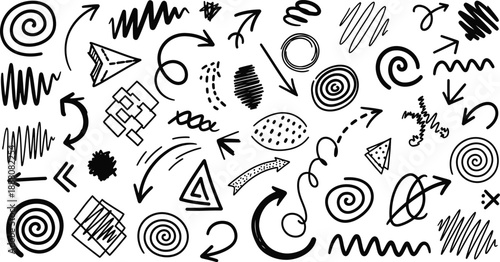 A collection of various black and white abstract shapes and symbols
