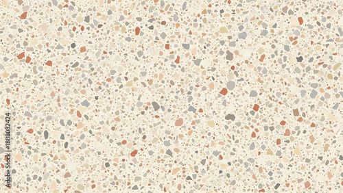 Seamless terrazzo pattern with a neutral beige background and scattered colorful chips