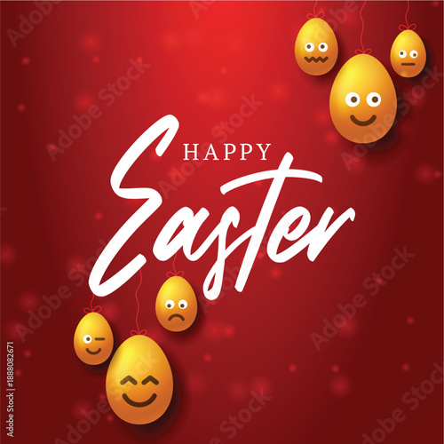 Happy Easter" in elegant white script over a dark red background with egg ornaments.