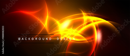 Abstract vibrant design features glowing lines, curves, warm colors. Dark background enhances luminosity, creating dynamic visual effect.