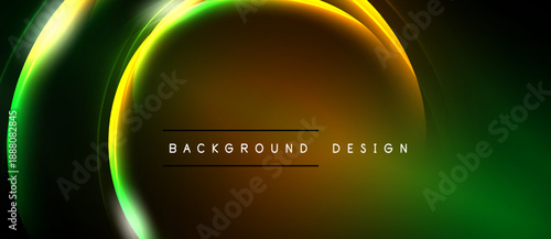 Abstract neon light shapes overlap, creating dynamic background. Gradient colors blend, forming modern design element.