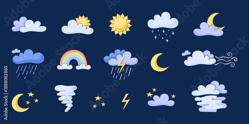 Set of weather elements. Hand drawn icons of the sun, clouds, rain, wind, thunderstorms, stars and moon. Weather forecast for mobile apps and websites. Doodle vector illustration On a dark background