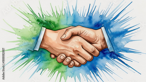 Watercolor handshake illustration symbolizing partnership and agreement with vibrant splashes of color