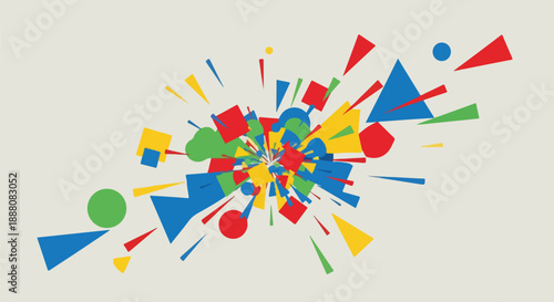 Vibrant explosion of colorful geometric shapes like triangles, circles, and squares bursting outwards on a light background, creating a dynamic abstract design.