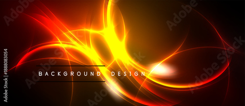 Abstract energy flows, vibrant orange hues dominate. Dynamic curves create luminous visual impact. Background design suggests motion, warmth.