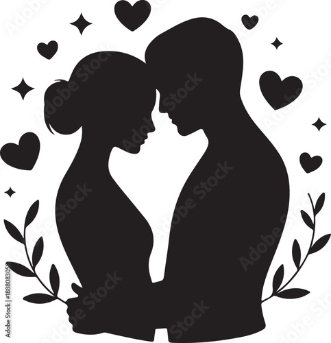 Silhouette couple embracing with hearts and leaves