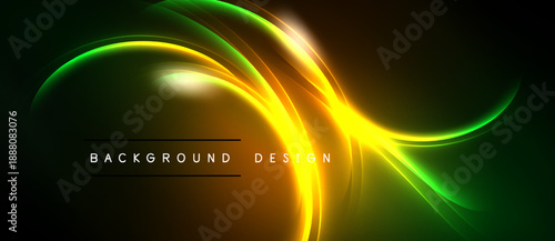 Abstract design features vibrant green, yellow light streaks. Dark background enhances luminosity, creating dynamic visual effect. Text reads background design.