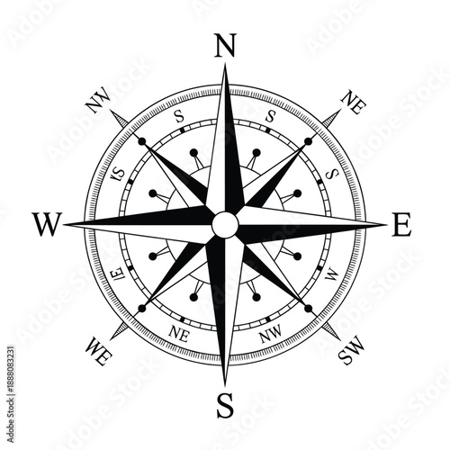 A classic black and white compass rose displaying cardinal and intercardinal directions