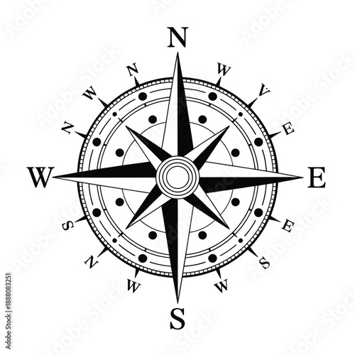 Classic compass rose illustration displaying cardinal directions with black and white tones