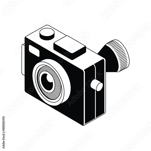 Isometric illustration of a vintage black and white camera design