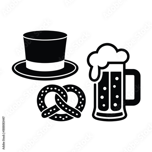A black and white illustration of a beer pretzel and top hat