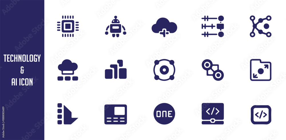Obraz premium Modern technology and AI icons collection including cloud computing, robotics, and software development sym...