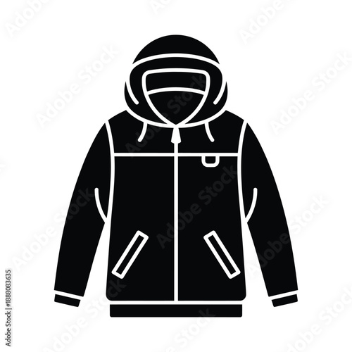 Black and white outline of a hooded jacket or coat design
