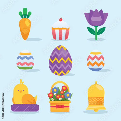 A grid featuring carrots, cupcakes, flowers, and patterned eggs