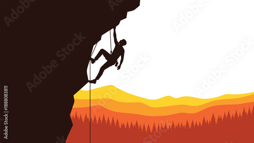 Silhouette climber reaching mountain peak at sunrise adventure success journey