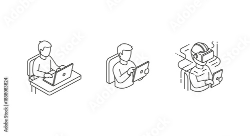 future of digital technology concepts showing users engaging with laptops tablets and virtual reality experiences