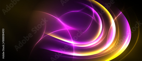 Abstract glowing lines form curved shapes. Purple, yellow hues dominate dark background. Dynamic energy radiates from center.