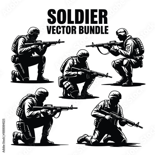 Black and white vector illustrations of soldiers in various combat poses