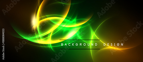 Abstract vibrant design features flowing green, yellow lines against dark backdrop. Text reads background design. Dynamic energy radiates throughout image.