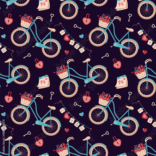 Valentines Day seamless romantic pattern with bicycles, flower baskets, hearts, locks, keys and love garland. Flat vector illustration on dark background for wrapping paper, textile , greeting cards