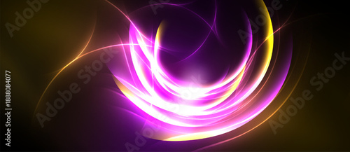 Abstract swirls, vibrant purple, gold hues dominate. Dynamic energy radiates from central glowing form. Smooth gradients create depth.